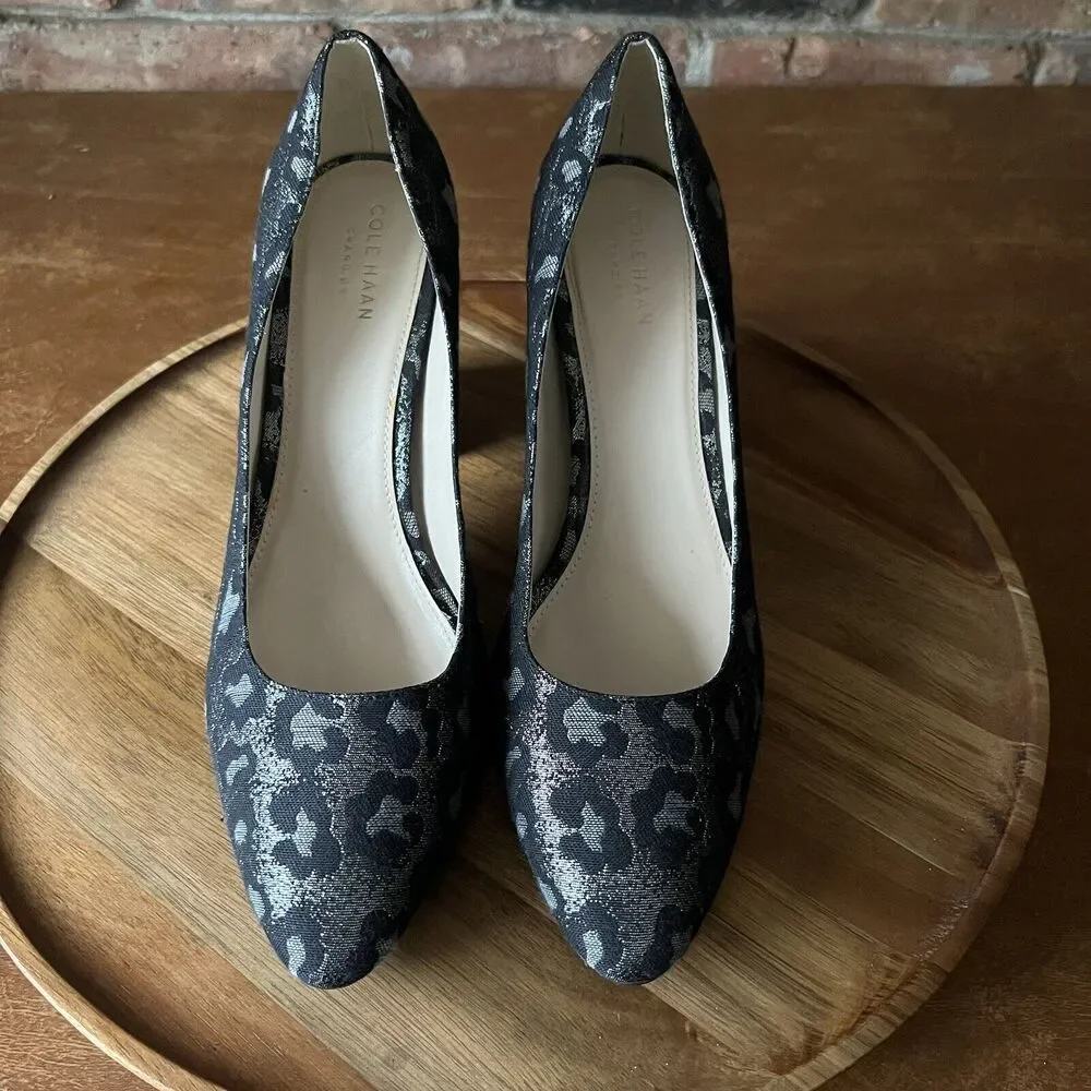 Cole Haan Alanna Brocade Pumps II Black Silver Leopard Block Heels Womens 9 B